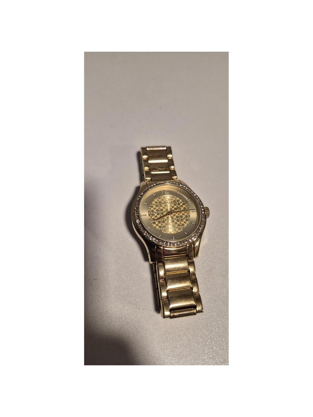 Coach New York Womens Quartz Gold Filled Bracelet Watch Black Dial Blue Bezel